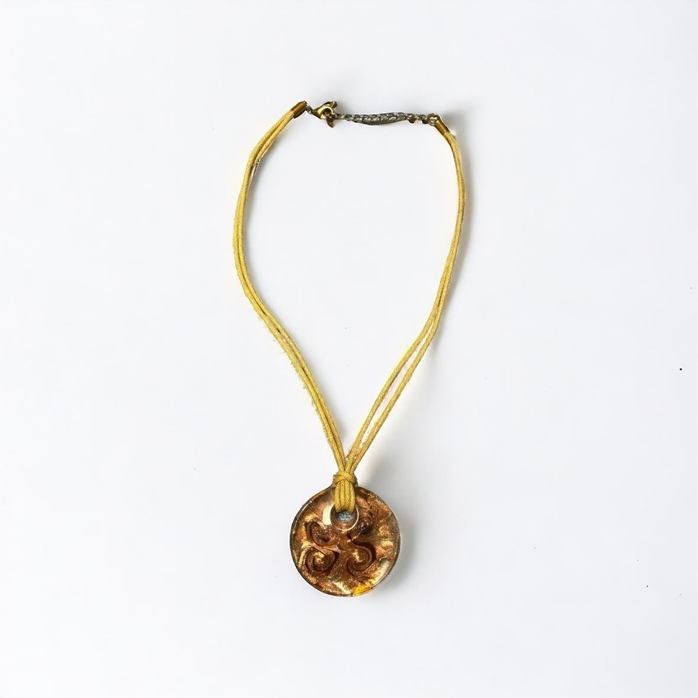 Art Glass 1.5" Pendant Brown Gold Swirl Sparkle Jewelry Necklace 18"